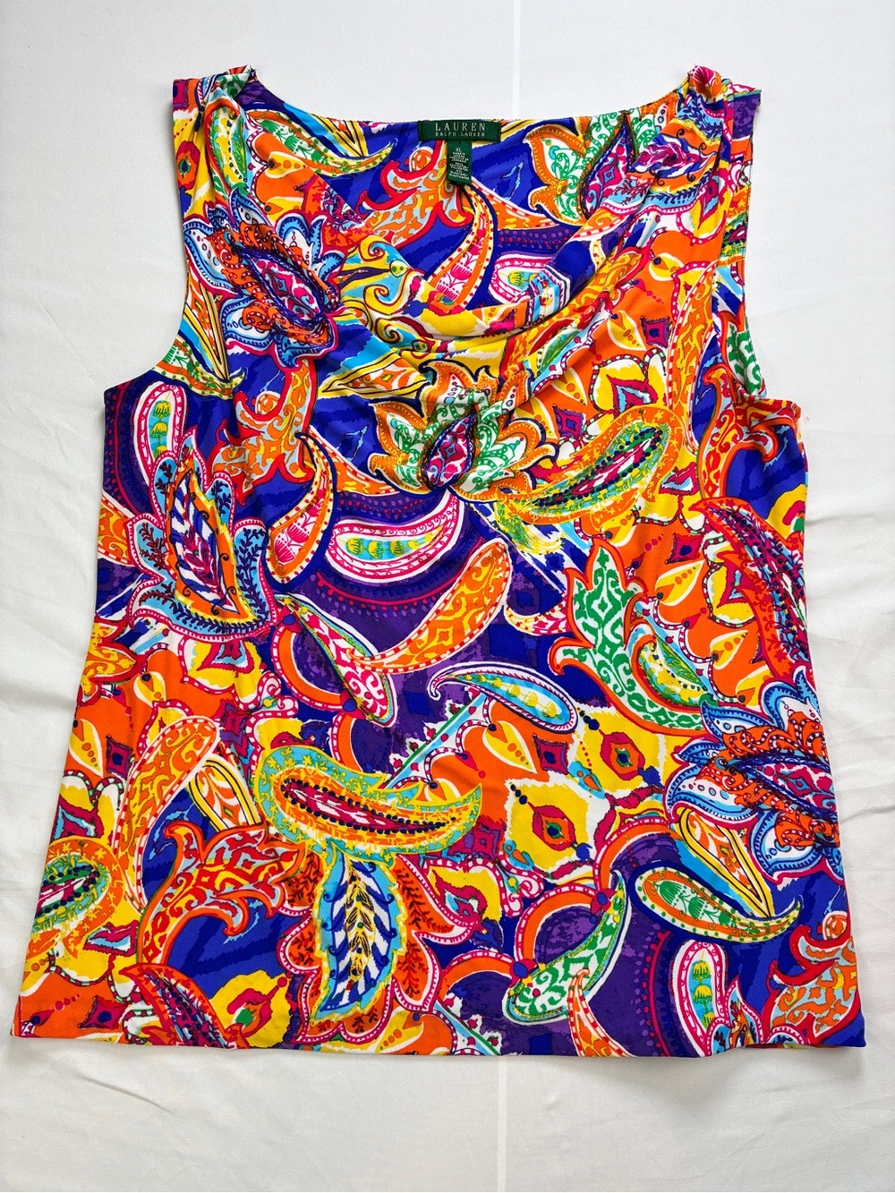 Lauren Ralph Lauren Bright Multicolor Paisley Cowl Neck Dressy Tank Top XL